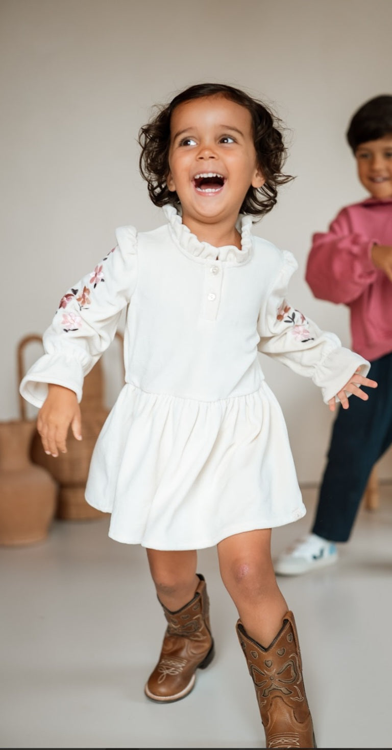 Dress Almond Velvet Broderie Flowers