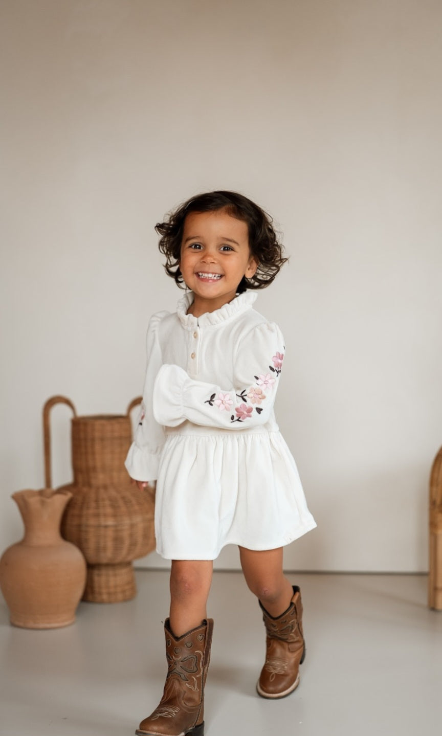 Dress Almond Velvet Broderie Flowers